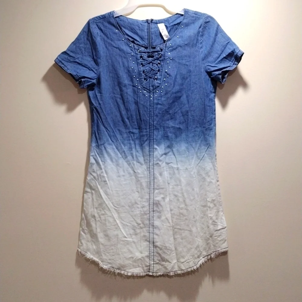 Justice Girls Ombré Chambray Lace-Up Dress – Size 12 – Short Sleeve Denim Look